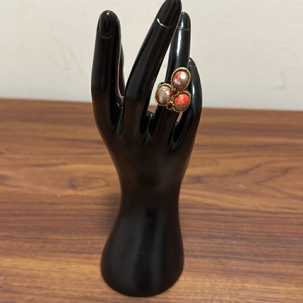 Gold Tone Adjustable Ring with 3 Large Genuine Stones & 2 Small Stones.